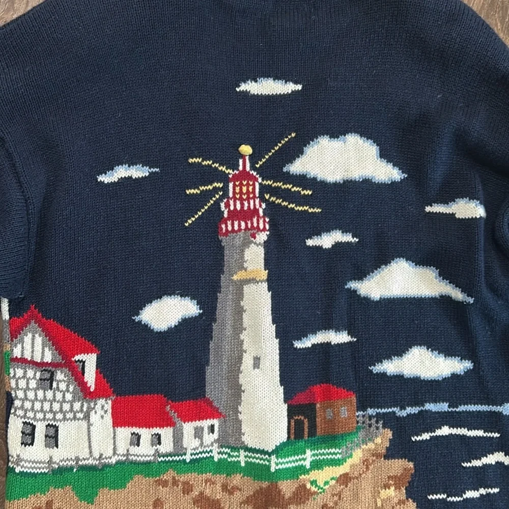 Vintage PBJ Sport Navy Blue Lighthouse Nautical Novelty Cardigan Size Large - Picture 16 of 16